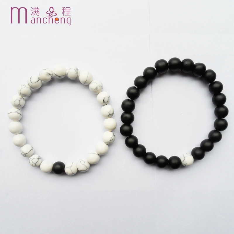 official-website tiki 2PCS Set Couples Pulsera Hombre Women Matte Scrub Black Agates Beaded Lover Bracelet Jewelry Men