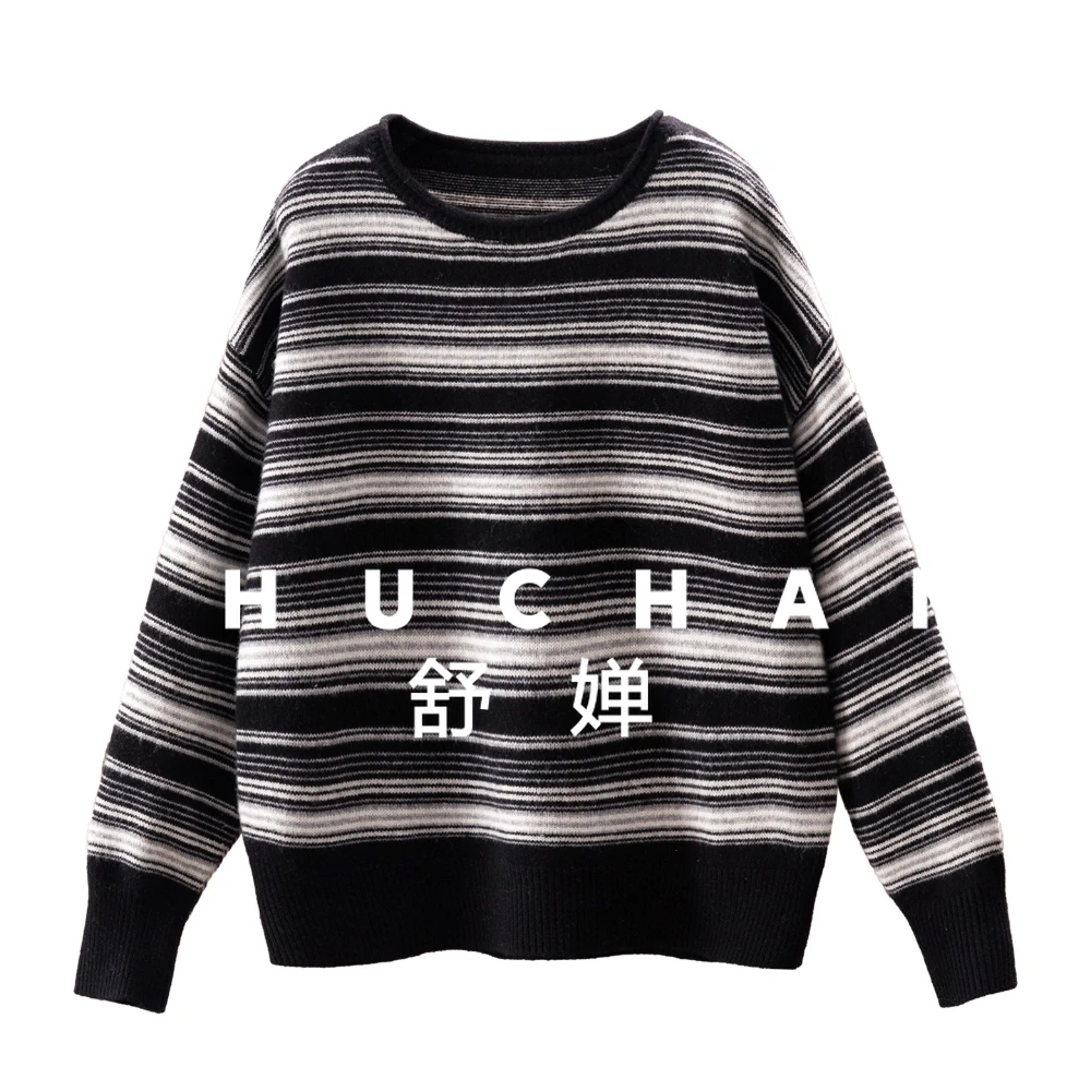 

Retro Fashionable Essence, French Contrasting Stripes 100 Wool Crew Neck Long-sleeved Sweater Women 07J5