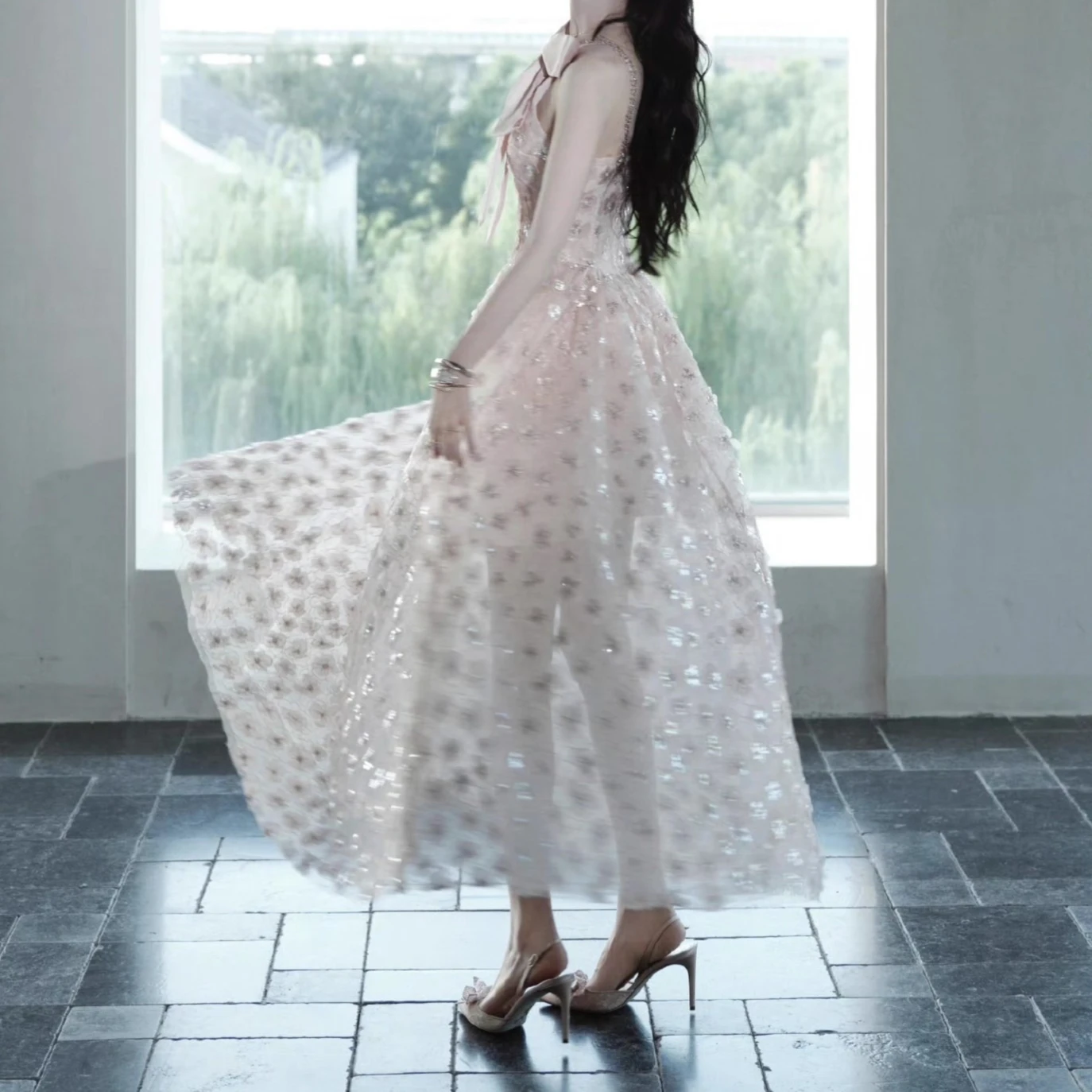 ピンクメッシュドレス女性ストラップノースリーブエレガントなスパンコール刺繍フローラ Vestidos ボディコンハイウエストパーティー服