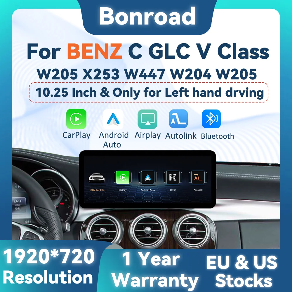 BONROAD Schermo Touch da 10,25 Pollici 1920*720 Linux, Sistema Multimediale per Auto con CarPlay Wireless, Android Auto, Airplay, Autolink, Mirroring, Radio GPS per Mercedes Benz Classe C GLC V W204