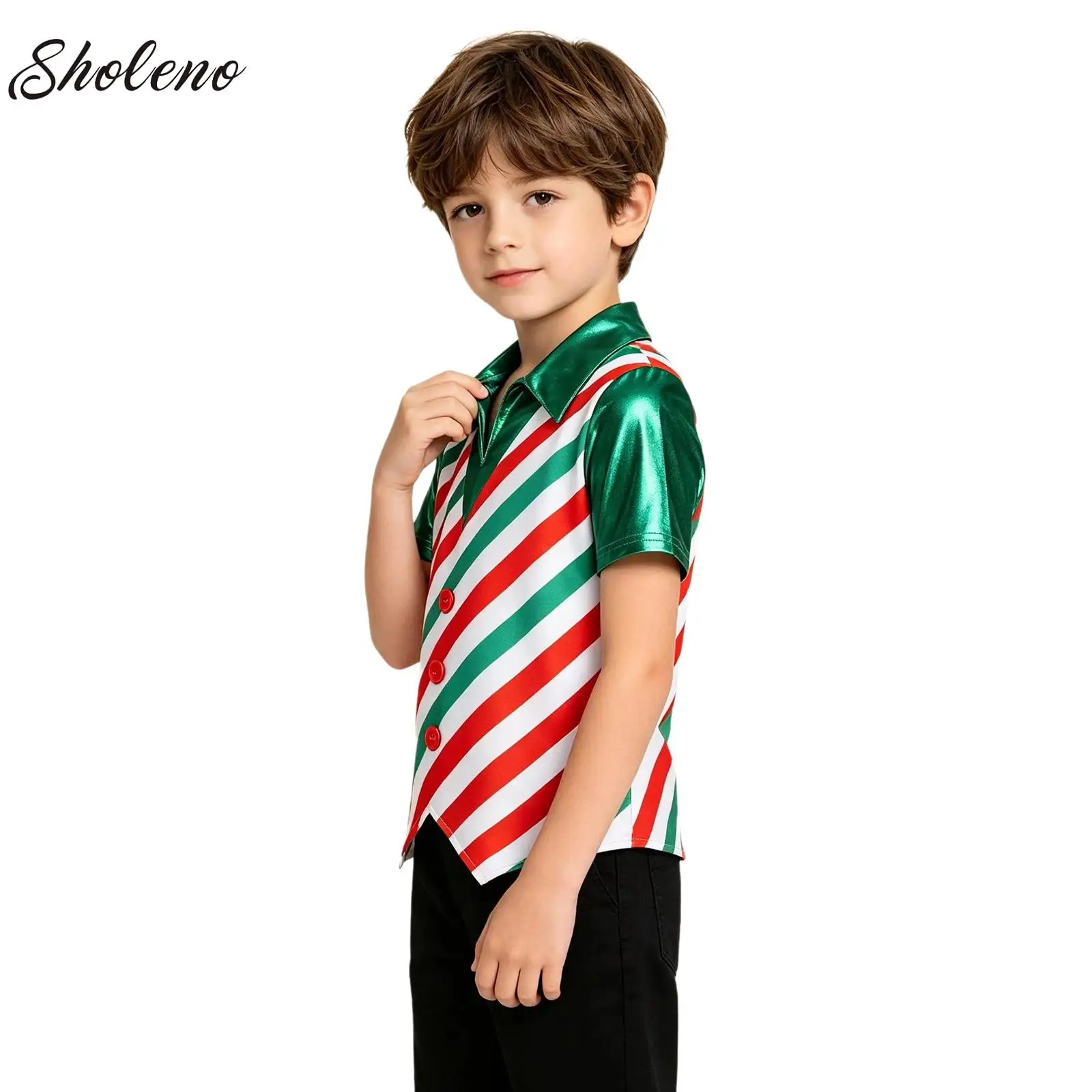 Kids Boys Ballet Dancewear Candy Cane Striped Top Christmas Metallic Turn-down Collar Asymmetrical Hem Tshirts Xmas Elf Clothes