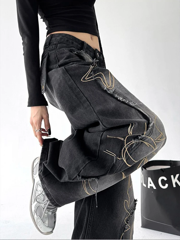Pantalones vaqueros bordados para mujer, ropa de calle, Vintage, Hip Hop, borde crudo, borlas, Y2K, pantalones vaqueros de otoño, cintura alta, pierna ancha, pantalones cimitarra