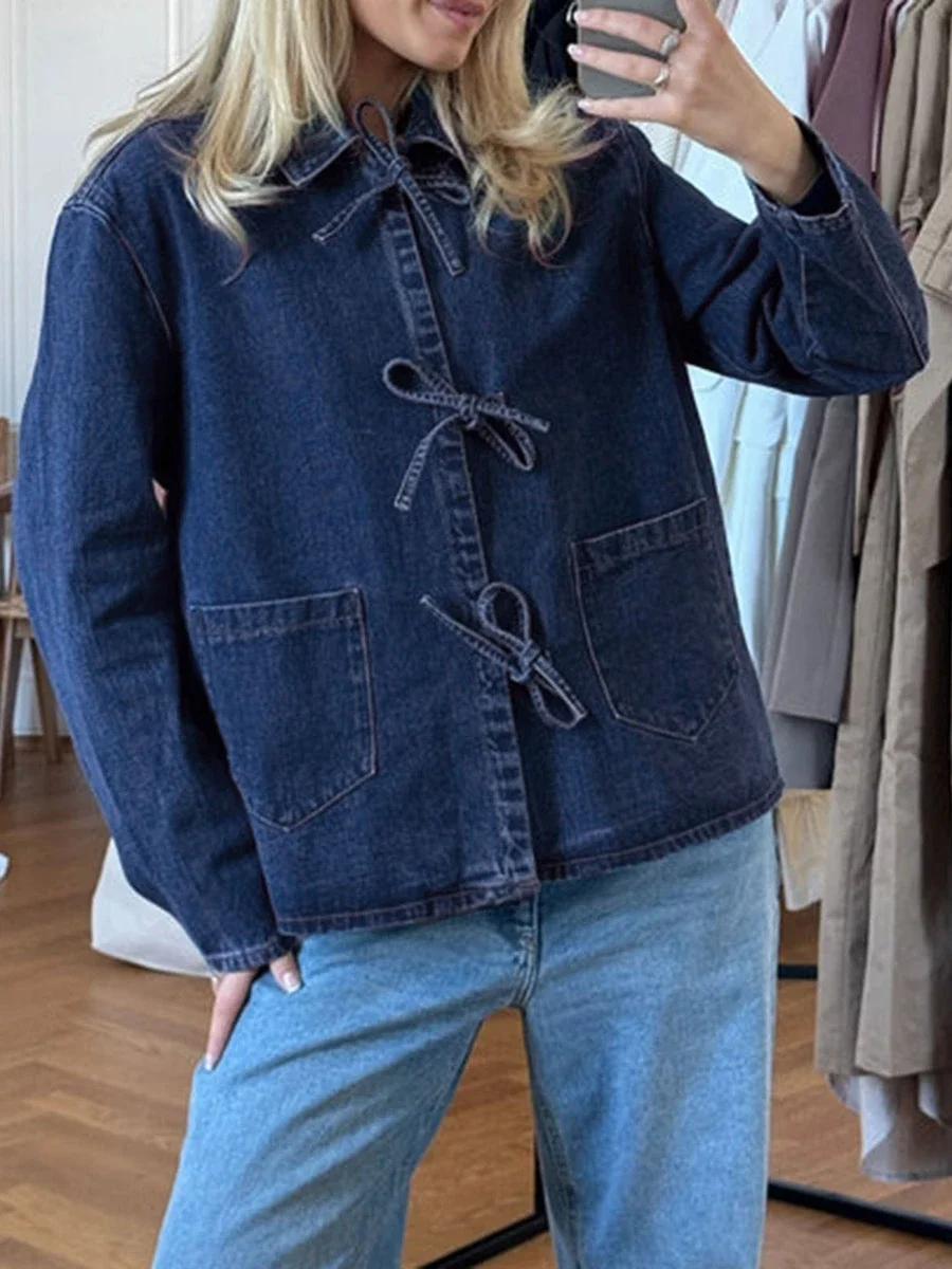 Jaqueta jeans monocromática com gravata frontal feminina, tops jeans de manga comprida com bolsos, gola lapela, streetwear vintage, outono e inverno, anos 2000