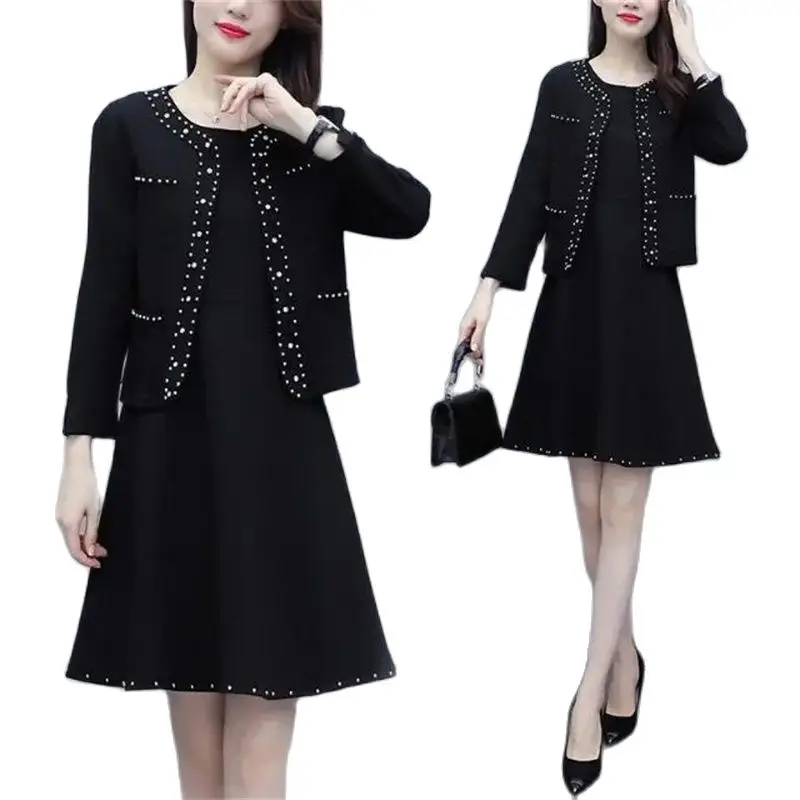 Fashion Women Black Dresseses+Jacket Suits 2021 New Fall/Winter Slim Temperament Jacket Mid-Long Strap Dresses Two Piece Sets 5X