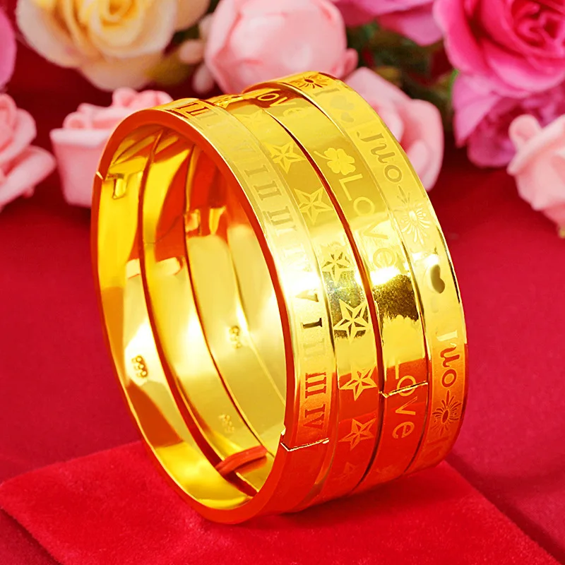 Simulated Real 14K Gold Color European Currency Fashion Simple Buckle Great Wall Pattern Bracelet Women's Laser Gold Plated Craf