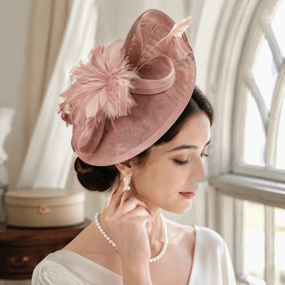 Headpiece Exquisite Feather Fascinator Hat Elegant Linen Vintage Kentucky Hat Sweet Flower Tea Party Hat Lady