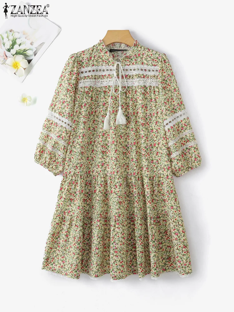 ZANZEA Autumn Floral Printe Dress 2025 Women Fashion Lace-Up Sundress Casual Loose Lace Patchwork Vestidos Elegant Pleated Robe