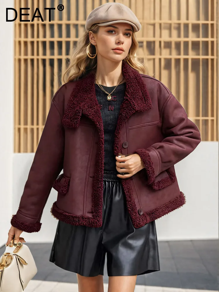 DEAT Fashion Integrated Fur Jacket Women's Lamb Fur Lapel Loose Single Breasetd Thick Short Jackets Winter 2024 New 7AB6318