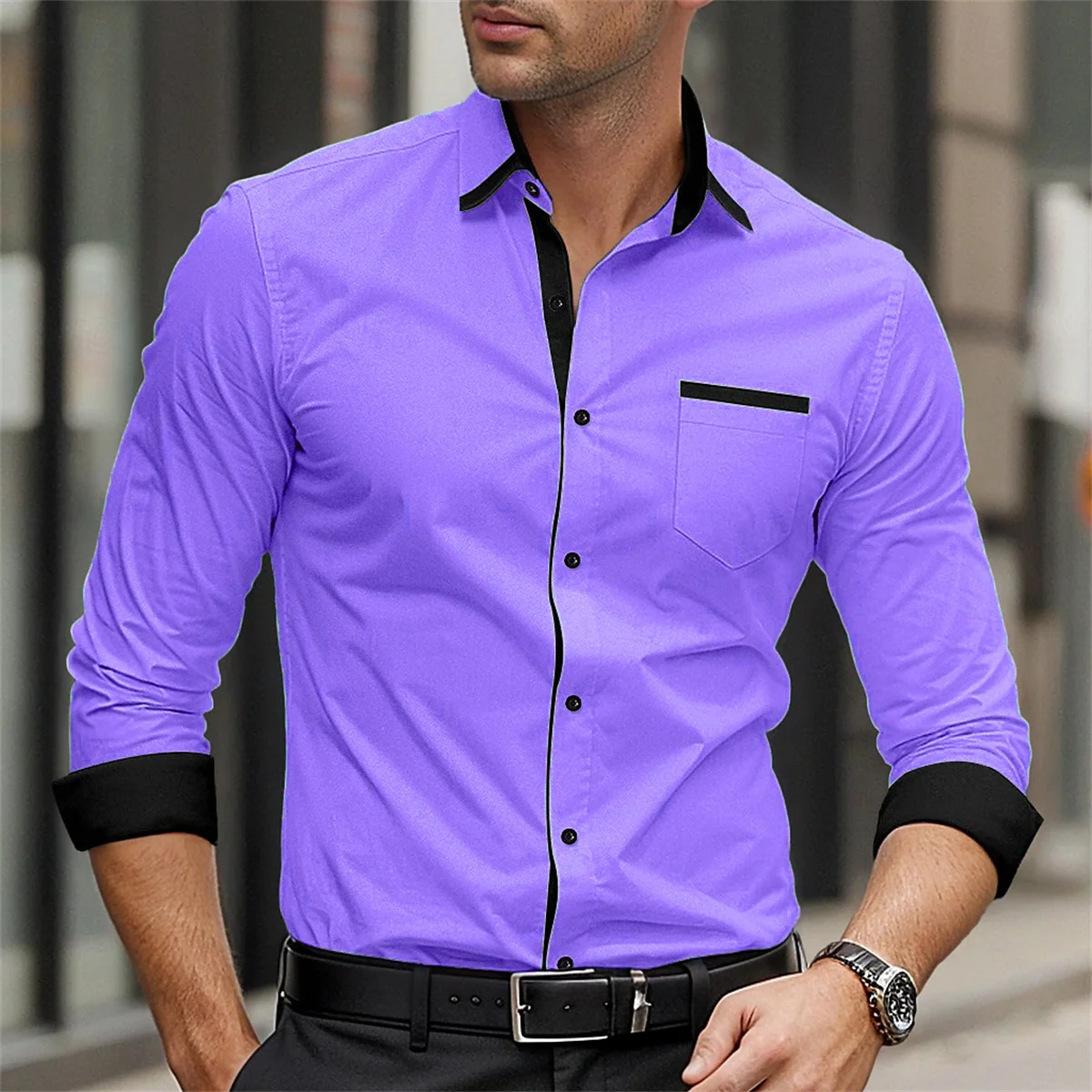 2024 New Men\'s Shirt Solid Color Splicing Printed Collar Shirt Fashion Business Casual Men\'s Long Sleeve Street Top 6XL