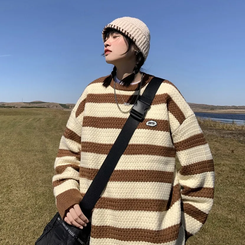 

Мужской полосатый вязаный свитер на весну-осень, свободный крой, круглый вырез, в японском стиле, повседневный топ с длинными рукавами