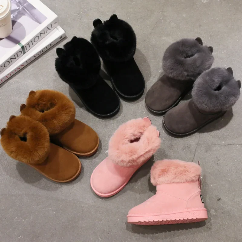 Bottes de neige en cuir de vachette véritable pour enfants, chaussures en coton doux et chaud avec peluche, bottes en daim à une fourrure, bottes de princesse rétro, garçons et filles, hiver