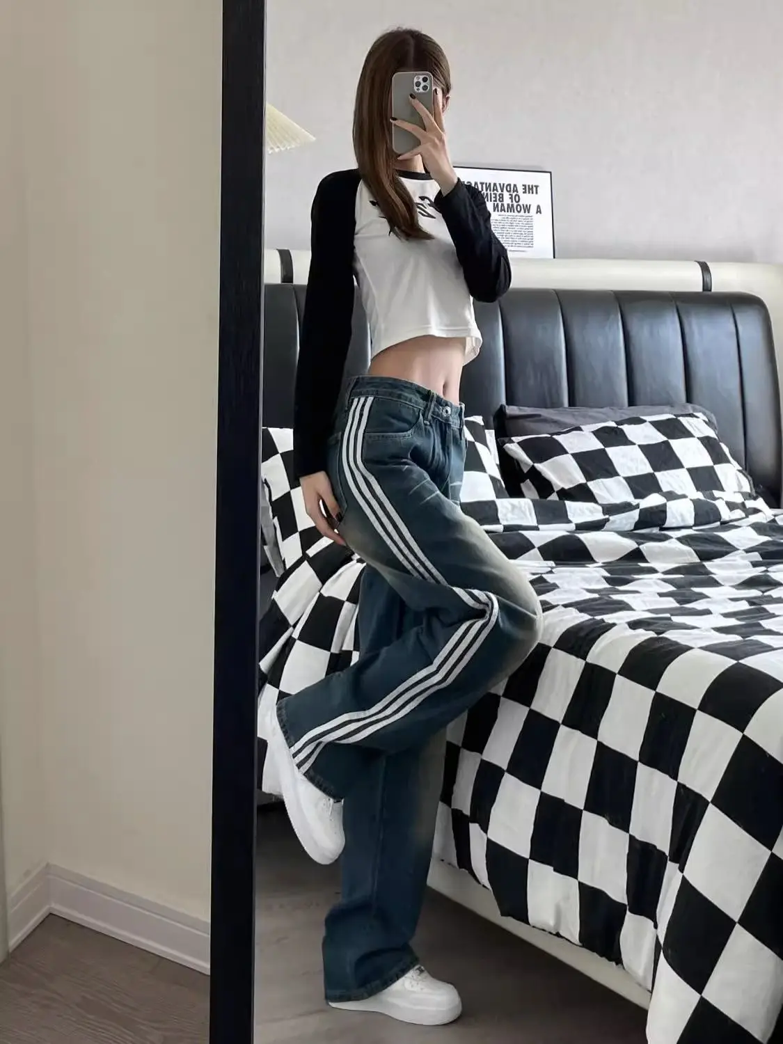 Jeans Side Stripe High Waist Streetwear Retro Washed 2024 Summer New American Women Leisure Loose Leg Straight Leg Pants