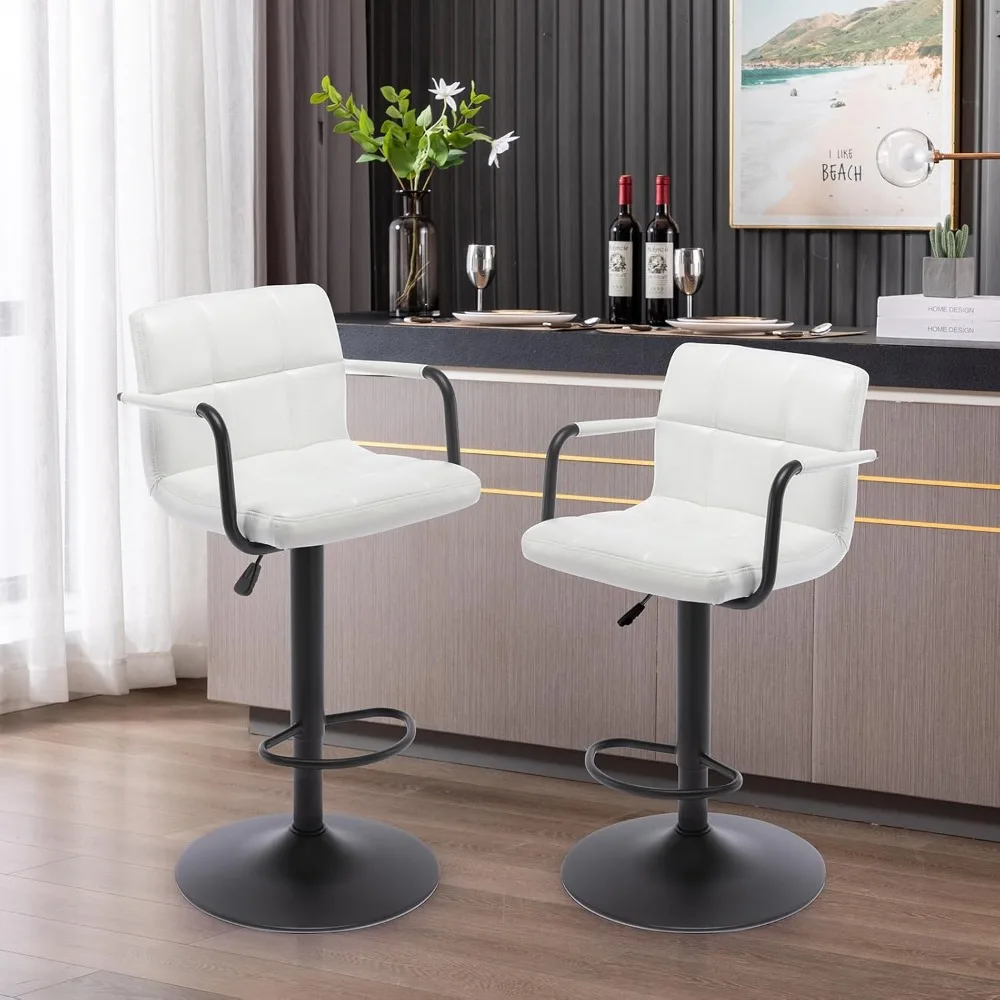 Modern PU Leather Square Bar Stools, Adjustable Swivel Barstools with Back and Arms, Airlift Counter Height Chairs