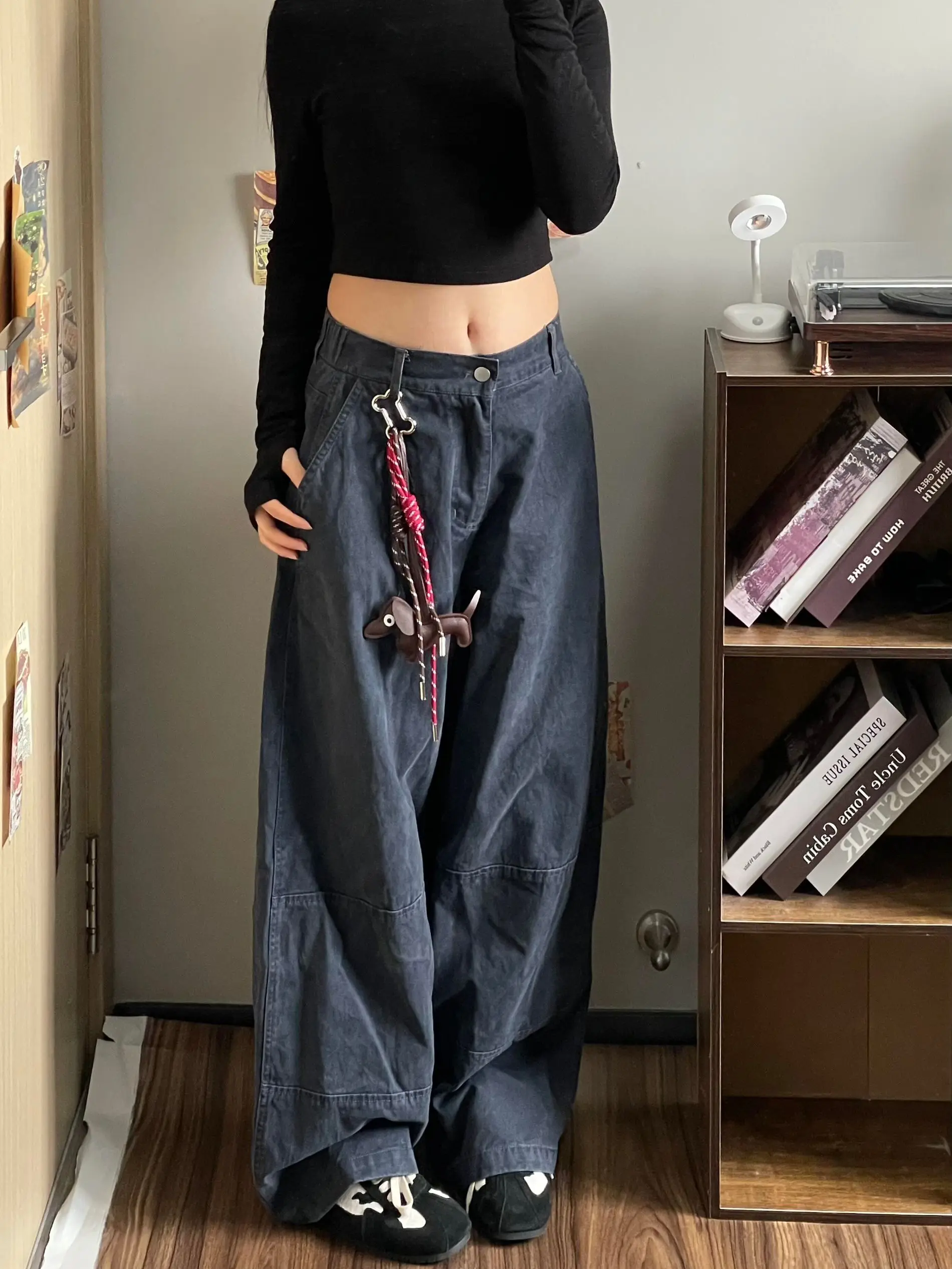 American Style Vintage Deep Blue Jeans Women's Summer New Versatile Loose Straight Leggings Slimming Wide Leg Pants
