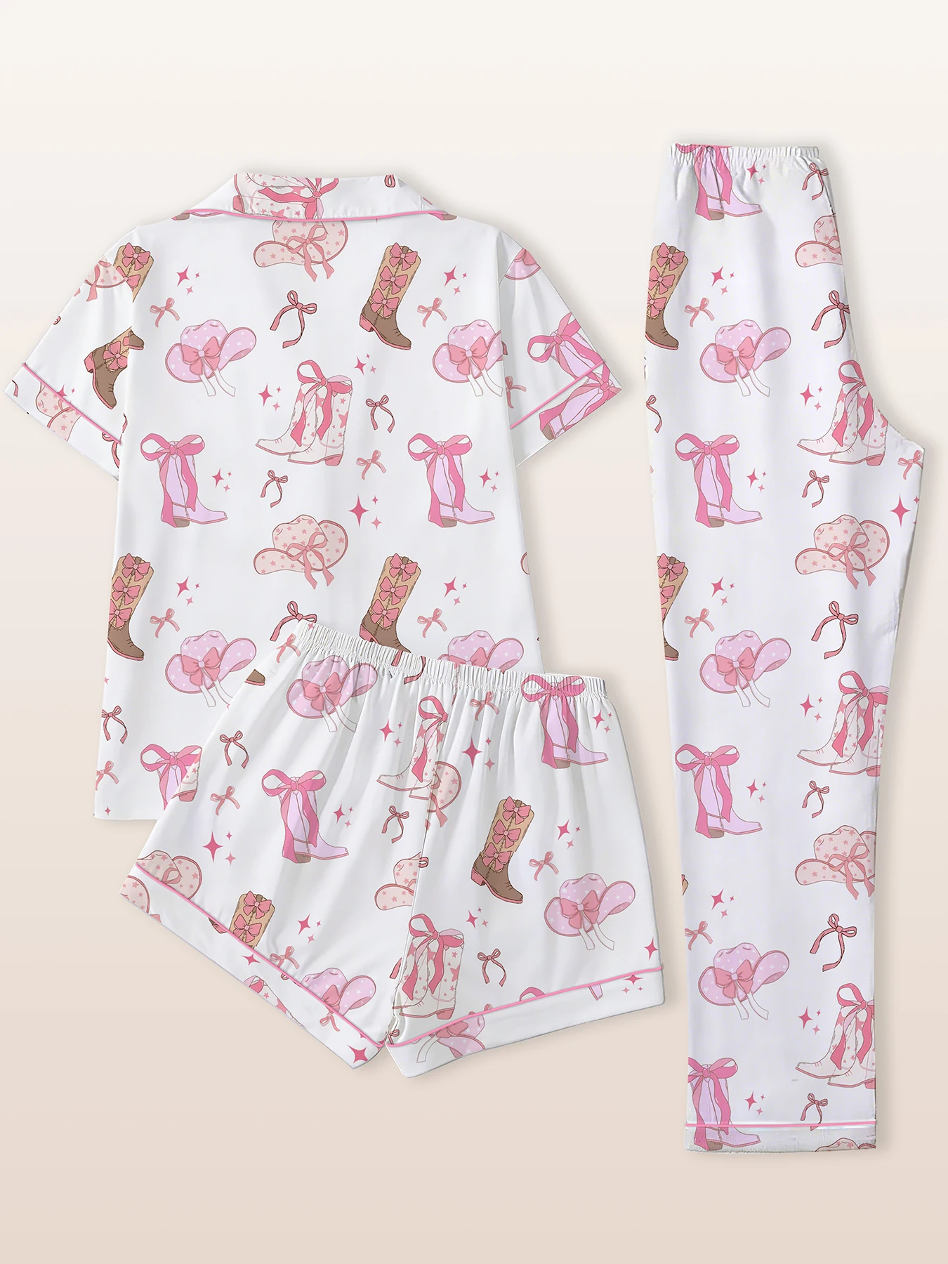 Women Pajamas Notch Lapel Short Sleeve Shorts Pants 3 Piece Set Spring Summer Fall Cute Cowgirl Print Homewear
