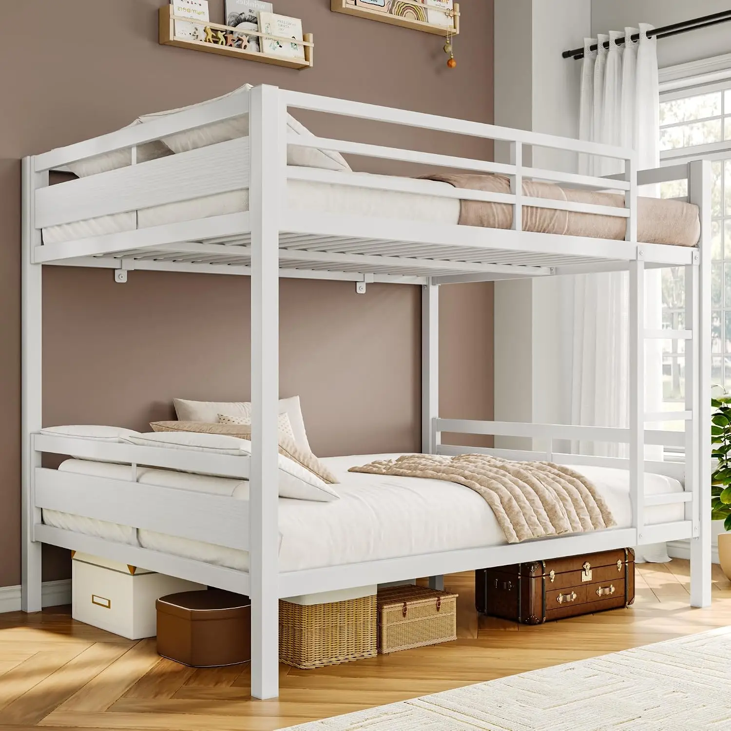 Metal Bunk Bed Full Over Full, Heavy Duty Bunk with High Guardrail and Safety Entrance Design, Under-Bed Storage, Customized