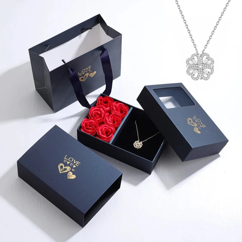 6 Rose Box Magnetic Folding Heart Four-leaf Clover Pendant Necklace for Women Girlfriend Aesthetic Anniversary Valentines Gifts