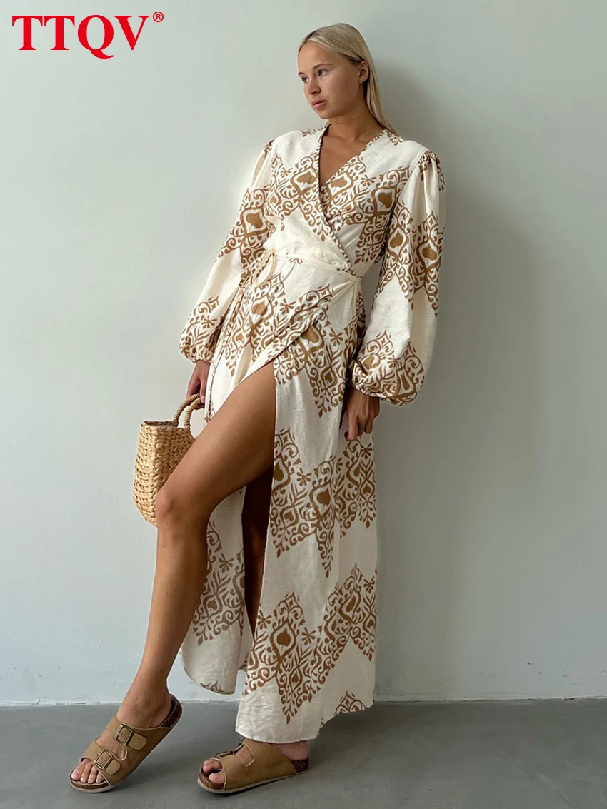 

TTQV Fashion Loose Print Women's Dress 2026 Casual V-Neck Puff Sleeve Ankle Length Dresses Elegant Classic Slit Female Dress
