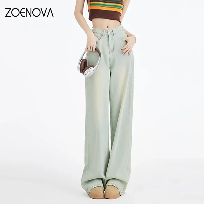 ZOENOVA Amerikanische Retro-Sommer-Jeans mit dünnem, geradem Bein und locker drapiertem, hoher Taille, schmale Jeans mit weitem Bein, künstlerischer High-Street-Stil