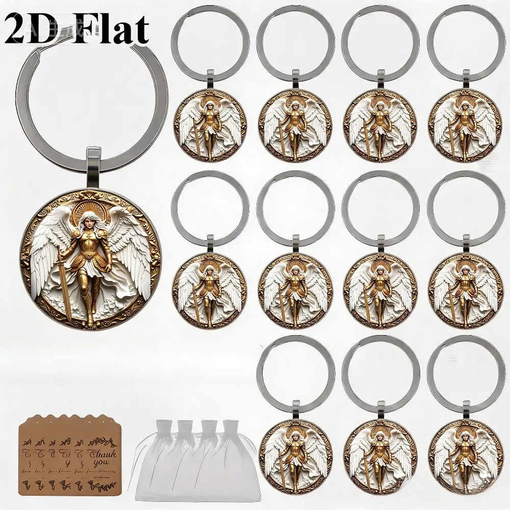 5-24Sets  Archangel Michael 2D Flat Keychain Warrior Angel Religious Pendant Faith Gift Baptism Communion Xmas Easter Souvenir