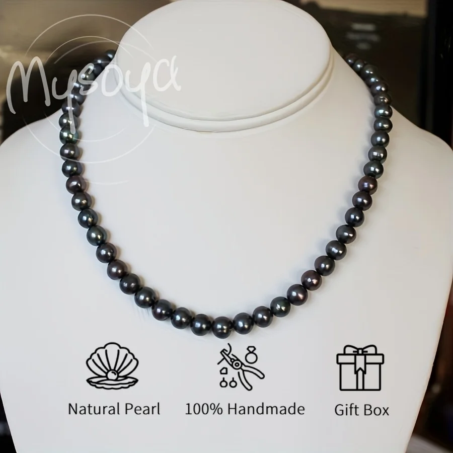 

MYSOYA 7-8 мм черный пресноводный длинный жемчуг ожерелье с полым узором застежка золотистый серебристый вариант с подарочной коробкой для свадьбы, дня рождения