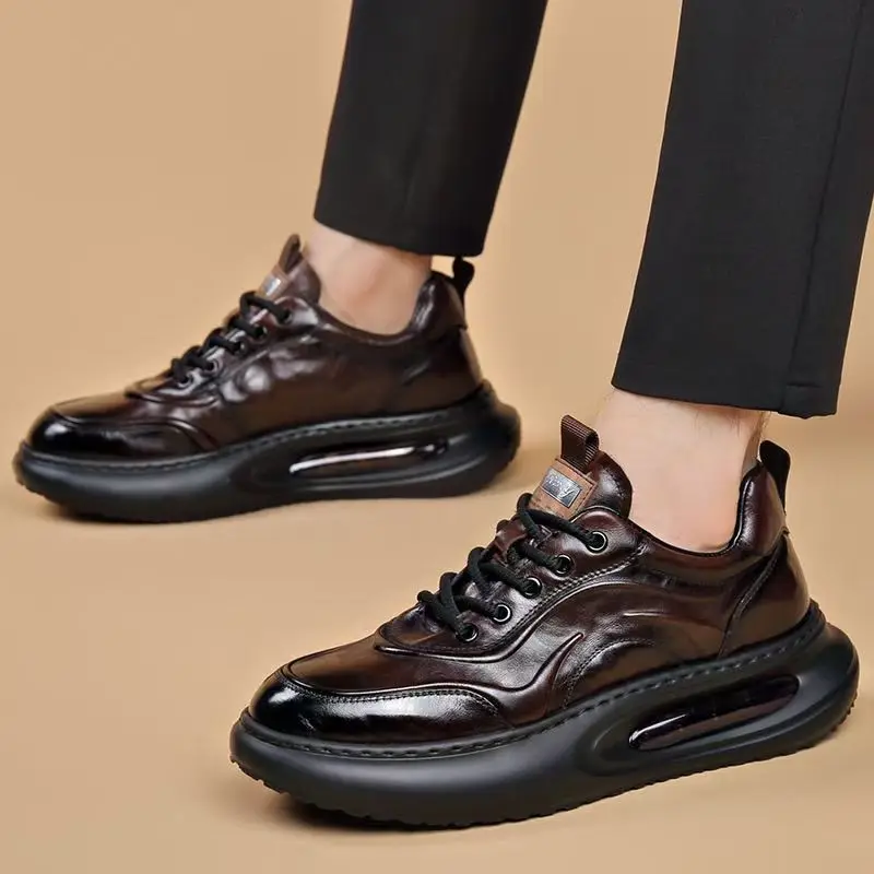 Men's Casual Shoes Top Layer Cowhide Genuine Leather Breathable Lightweight Thick Bottom Cushion Versatile Heightening Sneakers