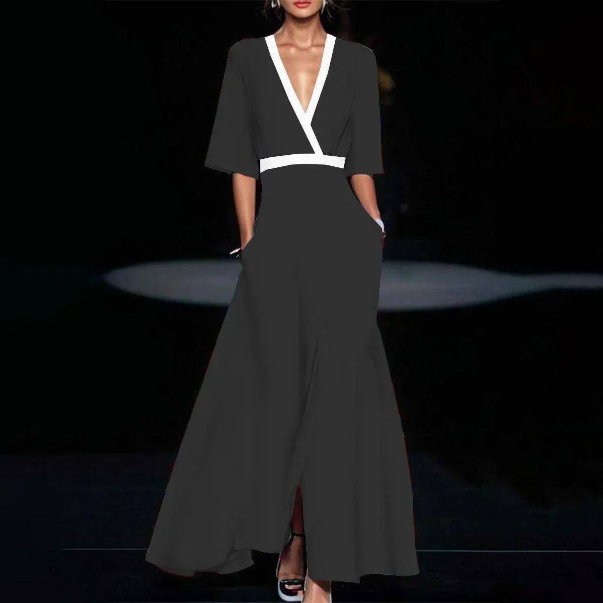 Moda damska Wiosenna sukienka z dekoltem w kształcie litery V i paskiem Seksowna sukienka w kształcie litery A Boho Sukienki maxi z krótkim rękawem i kieszeniami