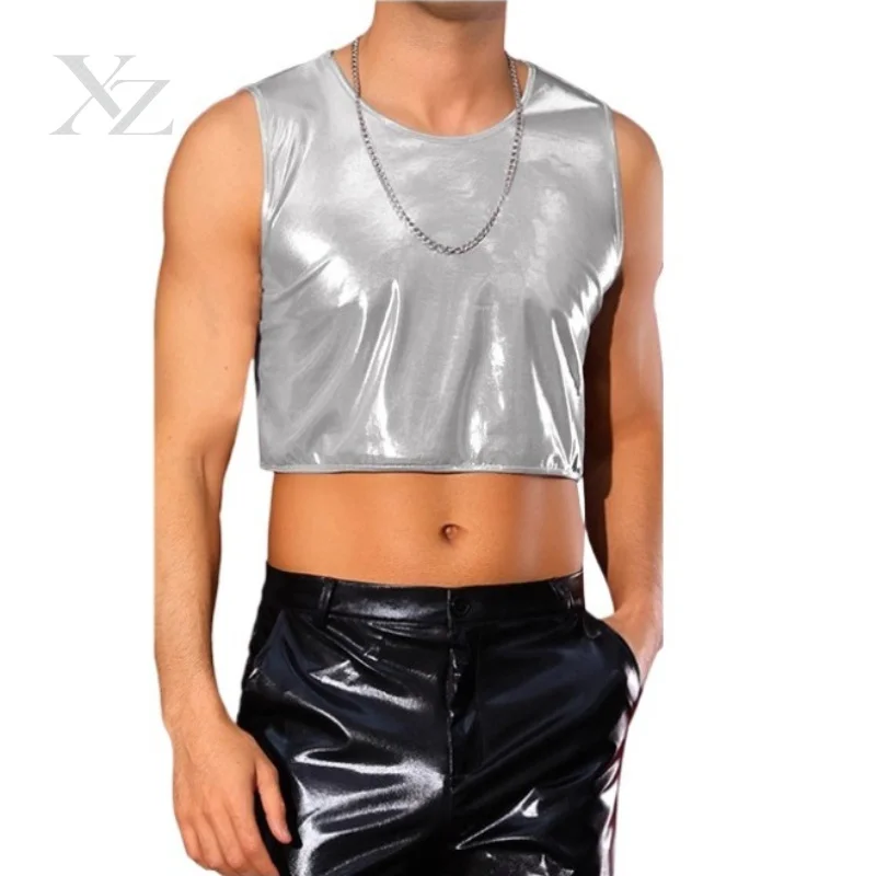 Opening Sale |Men's Laser Silver Crop Tank Top Sleeveless Shiny Y2K Rave Clubwear Vest For Party Nightclub