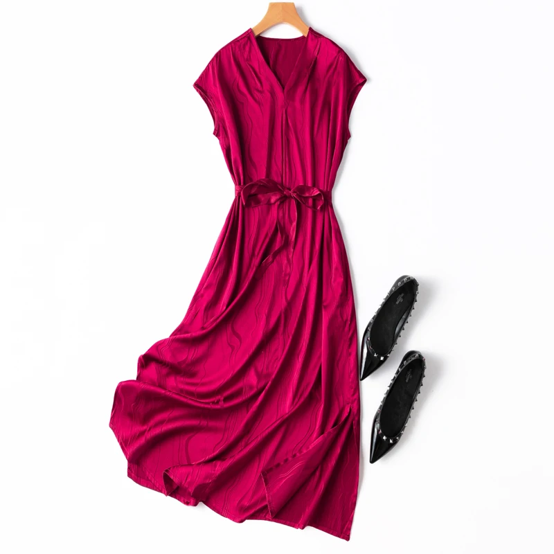 Birdtree 20MM 93%Mulberry Silk 7%Spandex Long Dresses V Neck Bat Sleeved Belted Dress 2023 Spring Summer Chic Clothes D37706QC