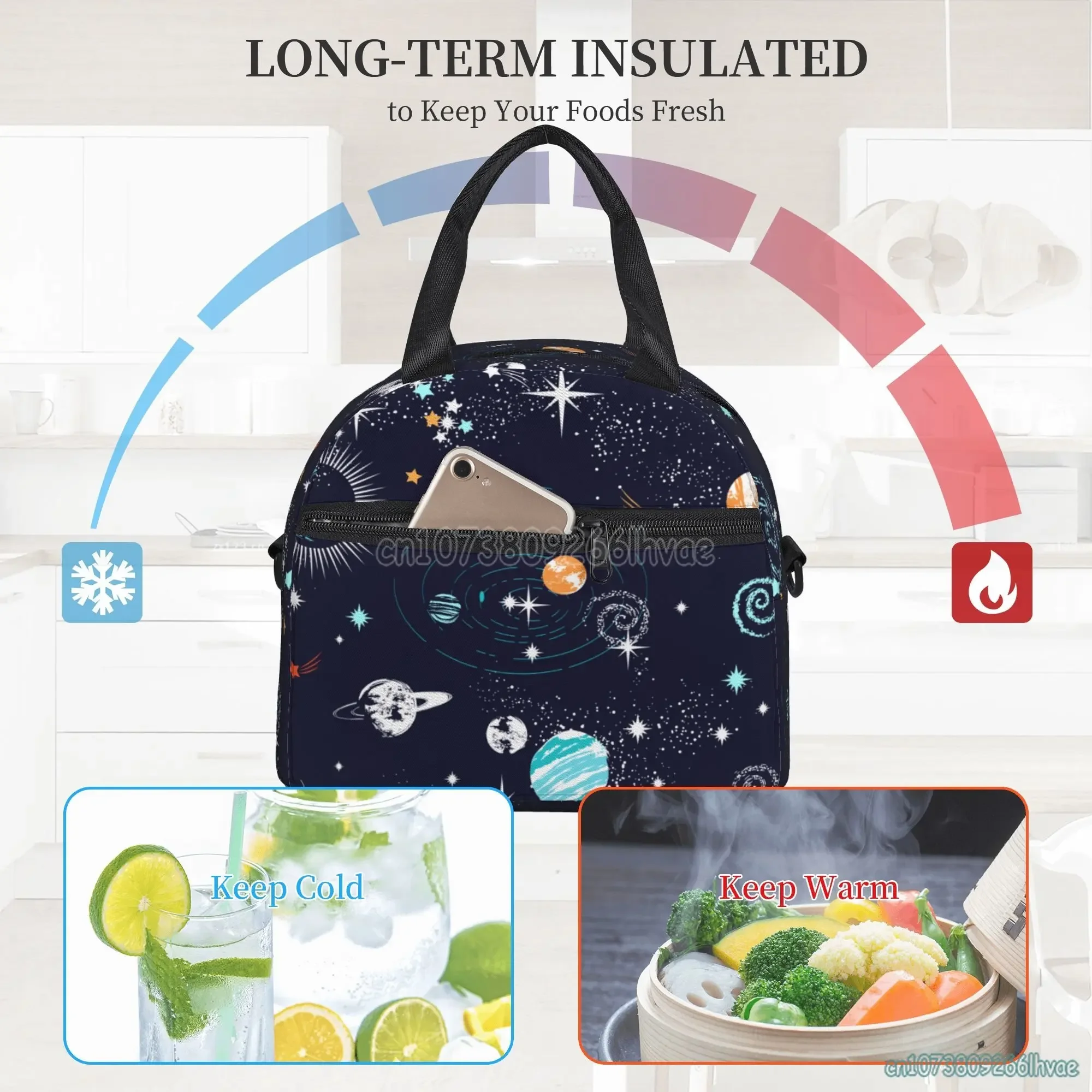 Saco de Almoço Isolado Reutilizável para Meninos e Meninas, Saco Térmico, Durável Bento Tote, Bolsa de Viagem, Piquenique Escolar, Galáxia Espacial e Planeta