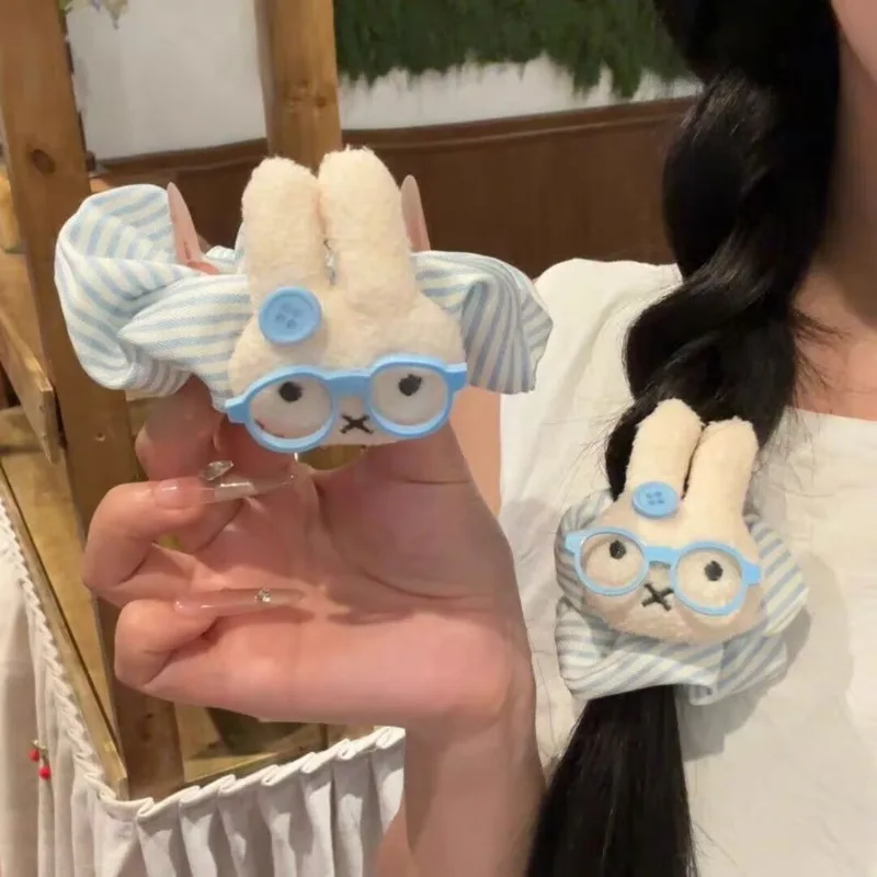 

Miffy Cartoon Pink Striped Glasses Design Hair Scrunchie Sweet Girl Style Large Intestine Hair Tie Fashionable Elastic Hair Band