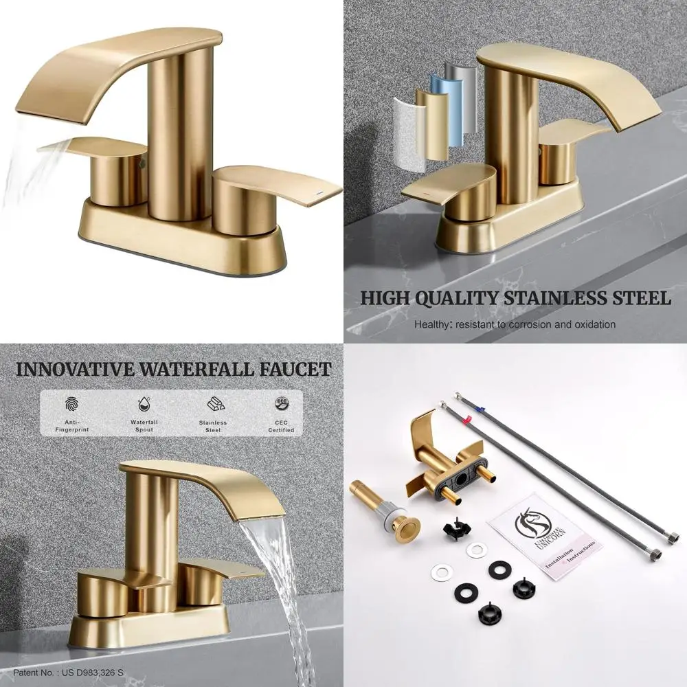 

Champagne Brown 4 Dual Handle Waterfall Bathroom Sink Faucet with Pop-up Drain for 2/3 Holes, Suitable for RVs, US D983,326 S