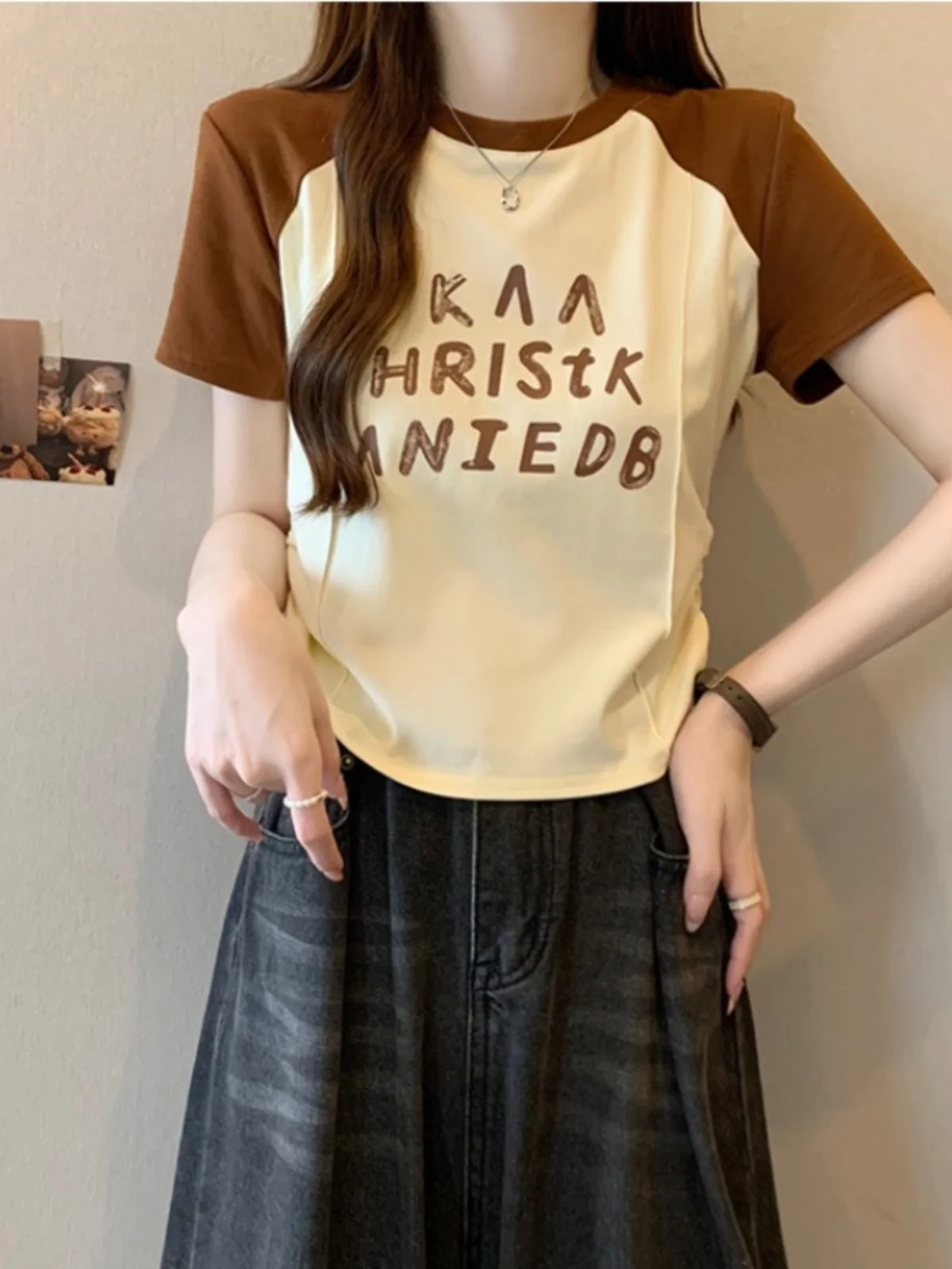 Dopamine Green Shoulder Insert Short Sleeve Women's T-shirt Summer plus Size Irregular Fishbone Design Korean Style Top
