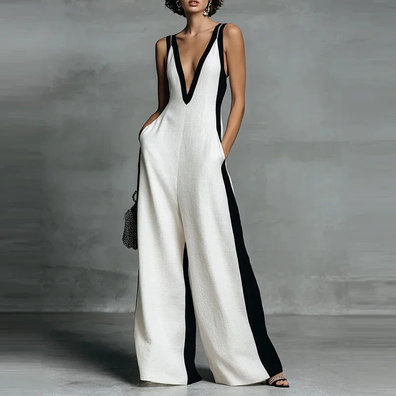 Fashion Color Blocked Sleeveless Wide Leg Jumpsuits Elegant V-neck Women High Waist Commute Rompers Temperament Pocket Playsuits