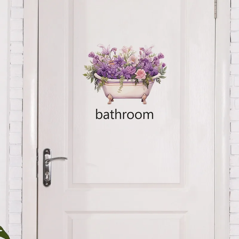 Creative Toilet Bathroom Door Sign Wall Stickers PVC Bathtub flower Decoration Decal Removable Self-adhesive Waterproof Sticker