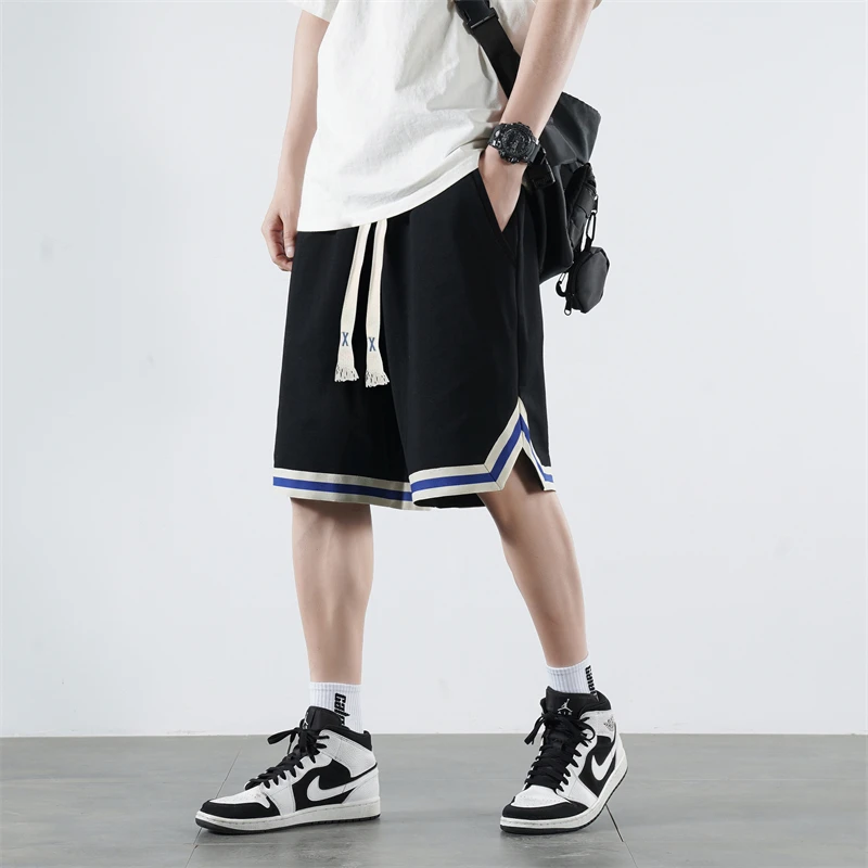 Fashion Sports Solid Color Knee Pants Korean Spliced Summer Loose Young Style Men's Clothing Drawstring Elastic Casual Shorts