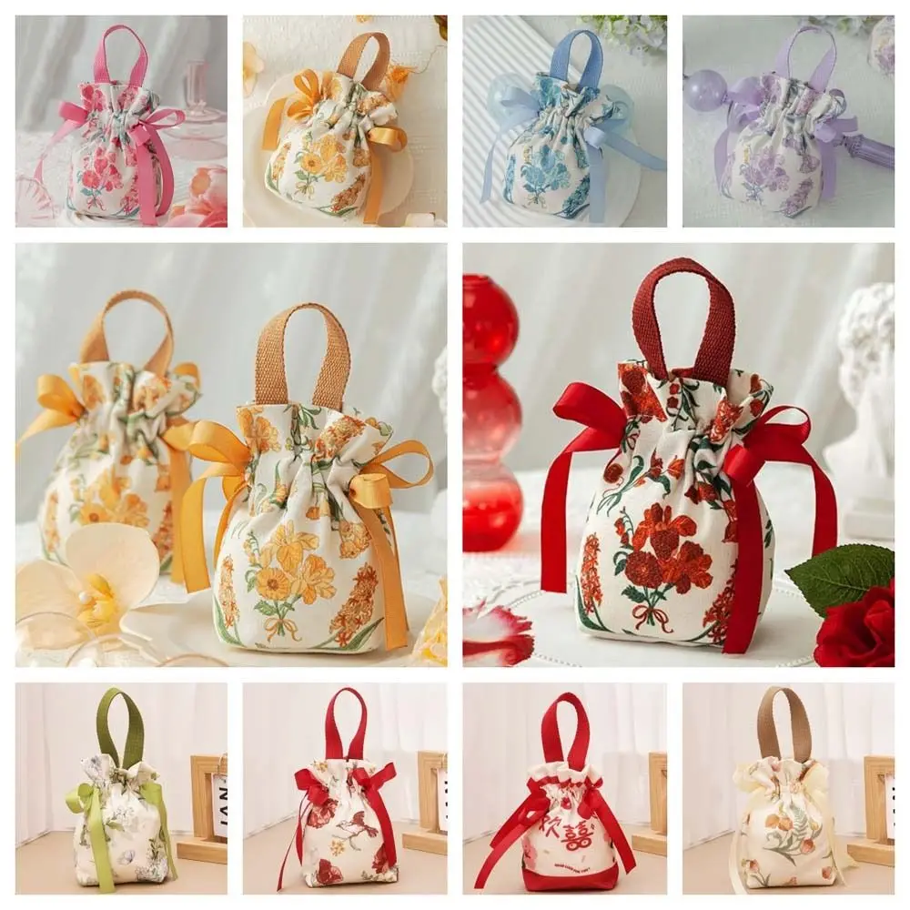 

Elegant Bird Canvas Drawstring Bag Floral Korean Style Festive Sugar Bag Jewerly Packing Bag Bucket Bag Bowknot Handbag Party