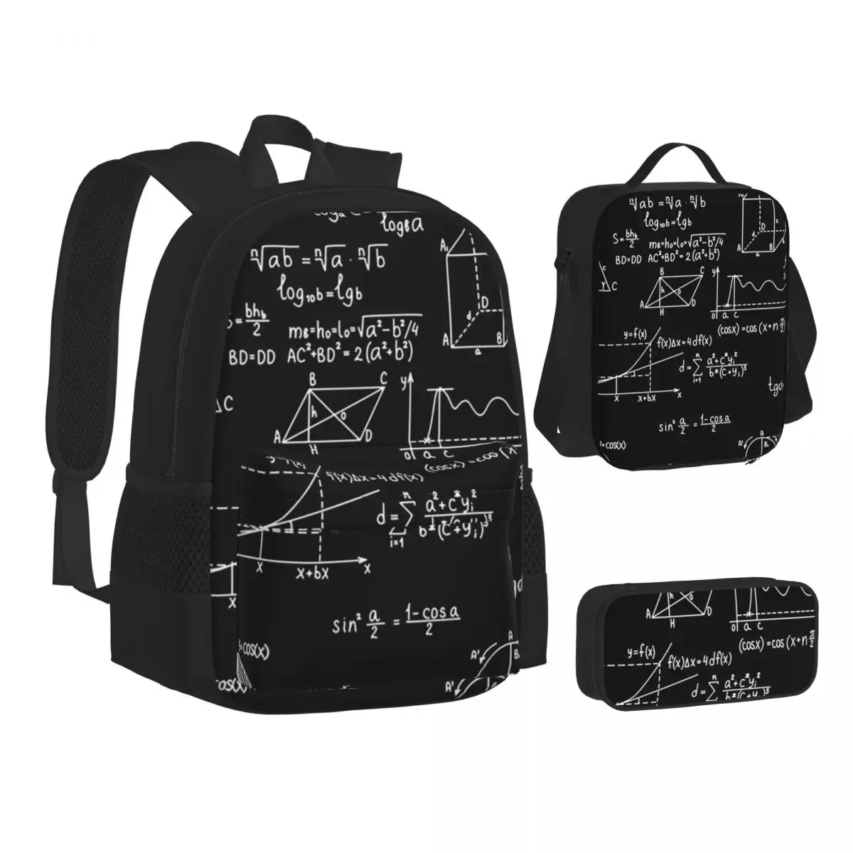 Math Themed Black And White Equation Design Backpacks Bookbag School Bags Kids Rucksack Lunch Bag Pen Bag Three-Piece Set