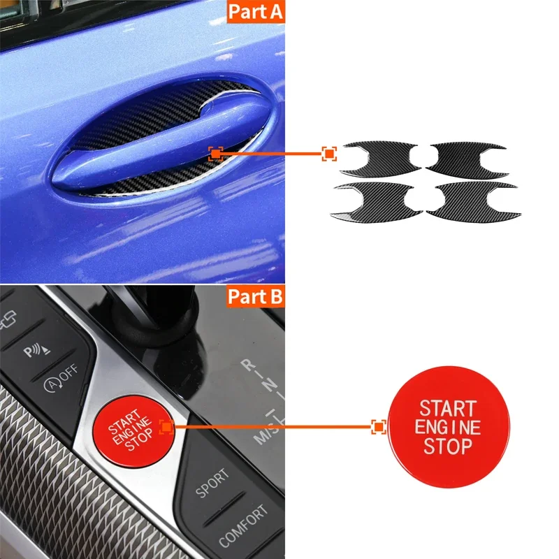 

Car Outer Door Handle Bowl Caps Real Carbon Fiber + Start Stop Button Ignition Switch Cover For BMW 3 Series G20 325 330 335