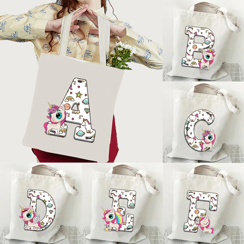 Woman’s Unicorn Alphabet White Print Tote Bag Harajuku Shopping Bags Unisex Cartoon Style Cute Unicorn Shopper Shoulder Bag