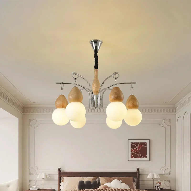 

SANDYHA French Style Wood Carving Chandelier Glass Lampshade Pendant Lamp for Parlor Bedroom Dining Table Lighting Decoration