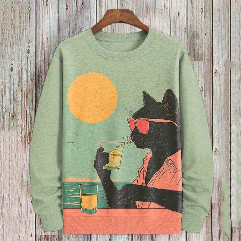 Camiseta de manga larga con estampado de gato para hombre y mujer, Sudadera con capucha de gran tamaño, jersey de cuello redondo, ropa de moda