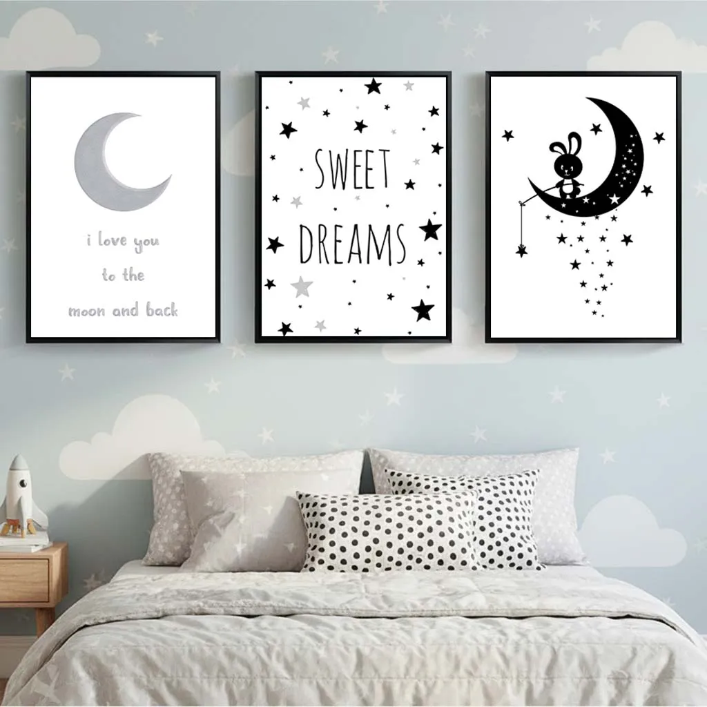 

3Pcs Moon Star Sweet Dreams Wall Art Canvas Painting Poster Picture for Kids Nursery Bedroom Wall Decor