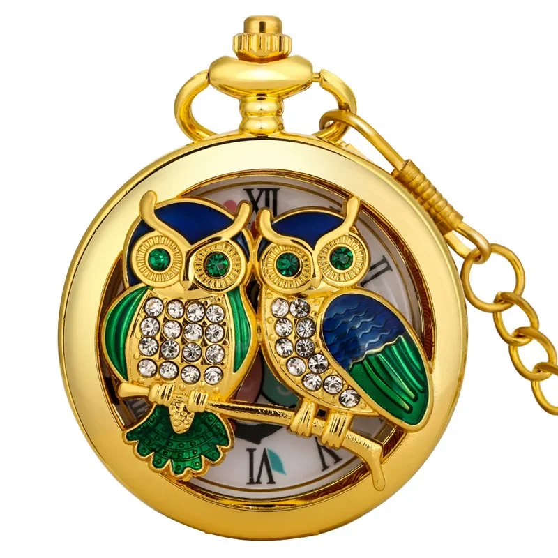 Luxury Yellow Gold Hollow Out Night Owl Design Unisex Quartz Analog Pocket Watch with Sweater Fob Chain Collectable Gift Reloj