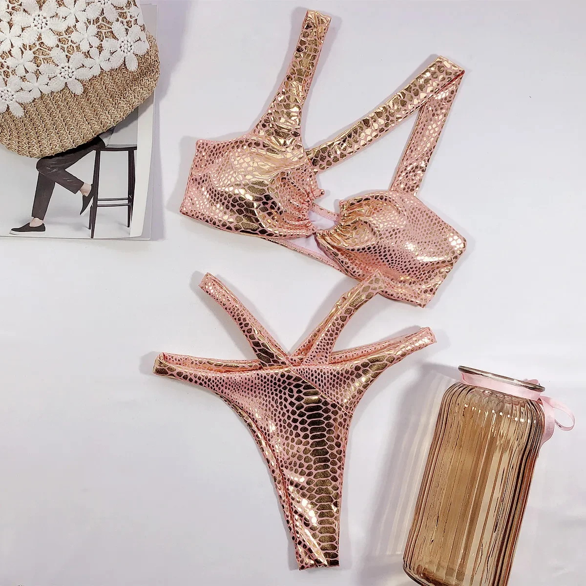 

Sexy Pink Gilding Fabrics Bikini Women Swimwear 2024 Metal Ring Linked Swimsuit Bathing Suit Irregular Collar Bikinis Sets Mujer