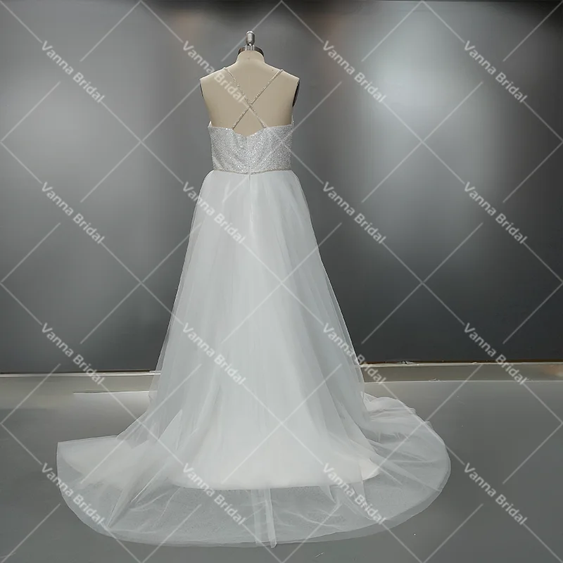 Cintas de espaguete shimmer tule criss cruz vestido de casamento tamanho grande simples feito sem costas lantejoulas zíper uma linha vestido de noiva