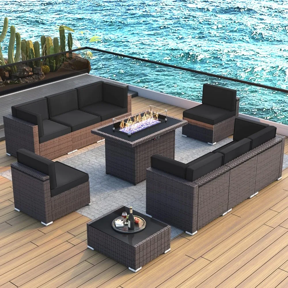 

Furniture Set with Fire Pit Table, Outdoor Conversation Sets Wicker Rattan Sectional Sofa with Coffee Table