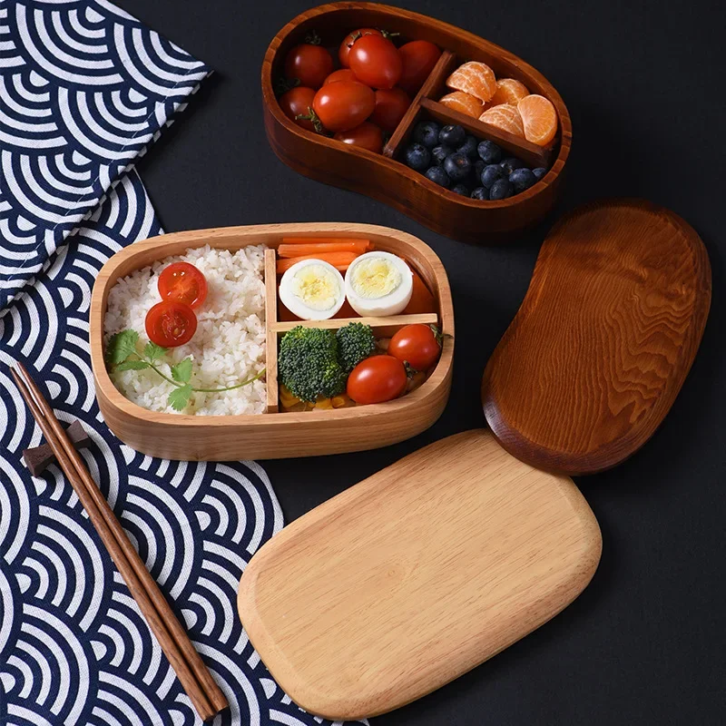 Wooden Lunch Box Picnic  Japanese Bento Box for School Kids Dinnerware Set with Bag&Spoon Fork Chopsticks Round Square Lunch