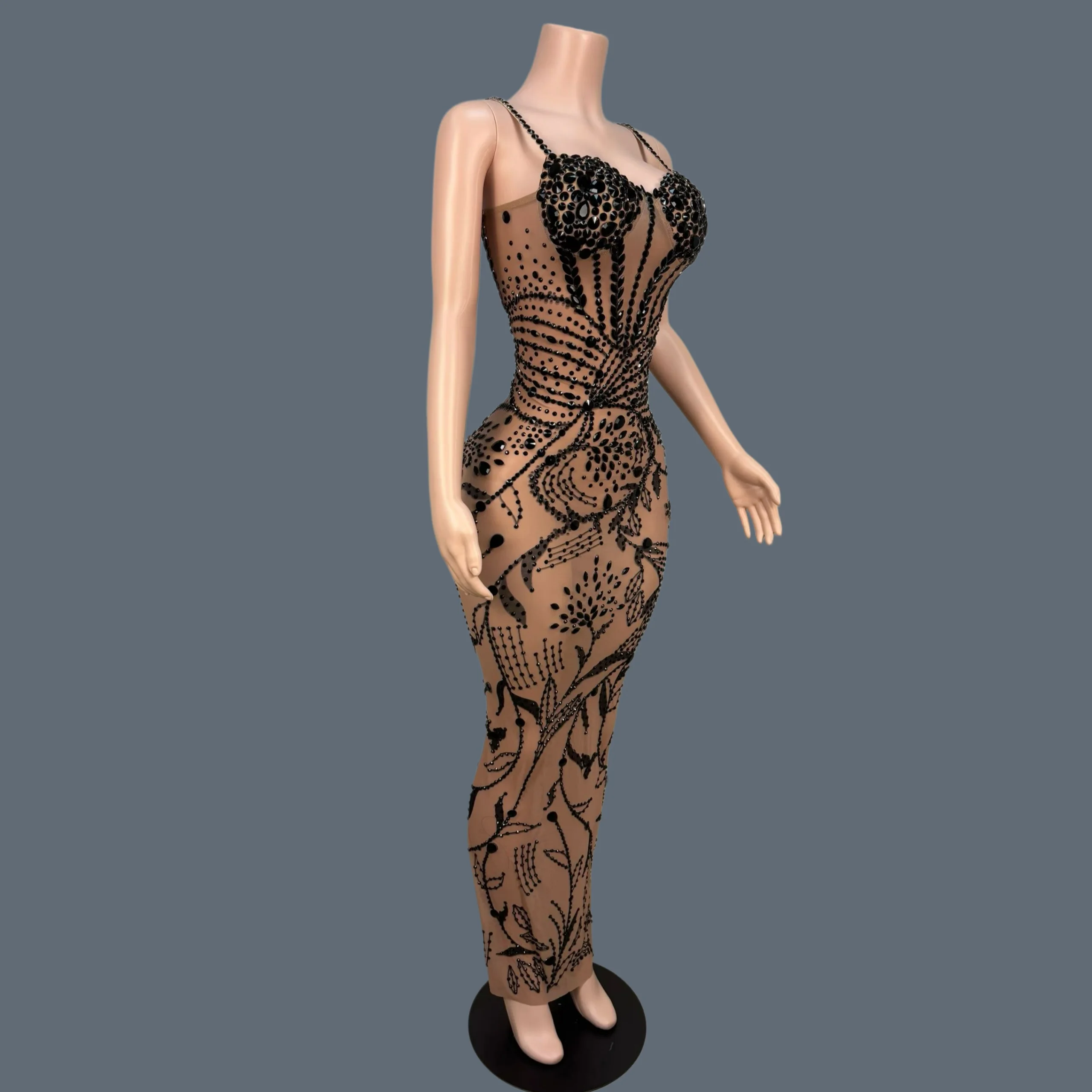 

Luxury Sexy Mesh See Through Bodycon Rhinestone Dress Women Cocktail Birthday Evening Gown Red Carpet Club Stage Outfit Zhiya