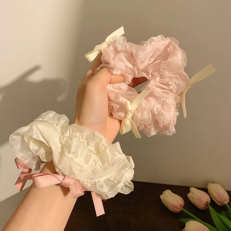 Koreanische einfache Schleife Band Haars eil creme rosa Scrunchie Mädchen Fliege Haars eile für Frauen Mode Haarschmuck